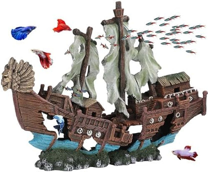 UNEAK Resin Pirate Shipwreck with Sail for Large Tanks