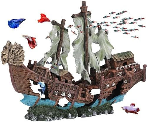 UNEAK Resin Pirate Shipwreck with Sail for Large Tanks